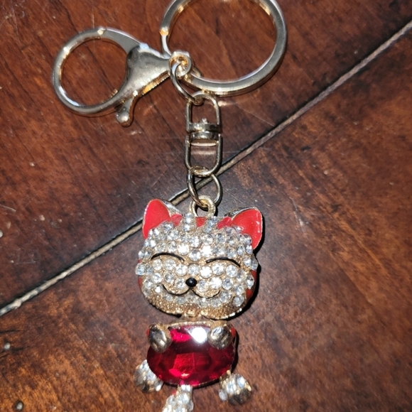 Sparkling Cat Keychain with Red and Gold Accents - Picture 3 of 4